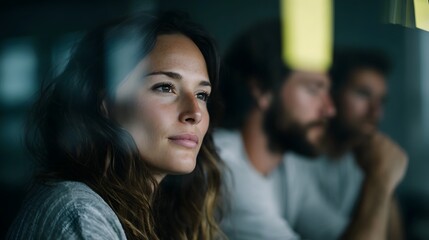 A team collaborates and brainstorms in a modern office environment with a woman in the foreground looking thoughtful