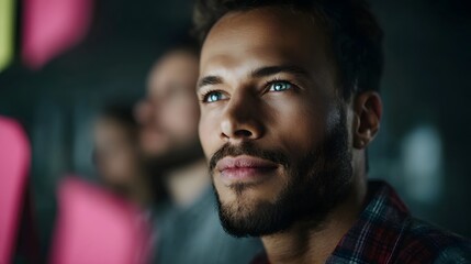 A focused man with striking blue eyes looks thoughtfully upwards in a modern creative office setting with blurred colleagues and colorful sticky