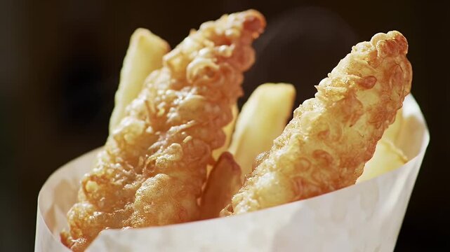 Golden Fried Fish and Chips in a Paper Cone.