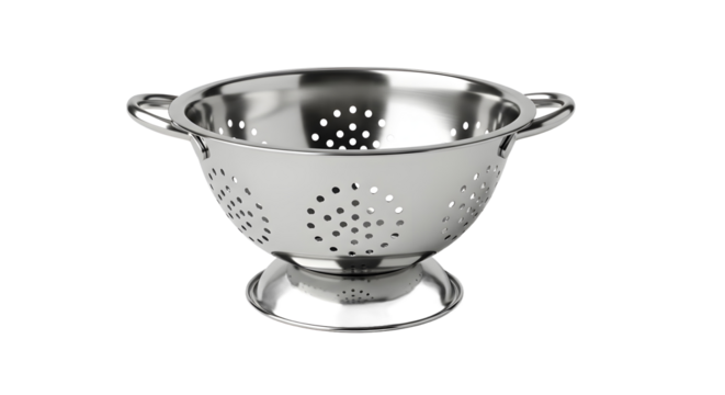 Single stainless steel colander, an essential kitchen utensil, isolated on a clean white background, perfect for draining pasta and washing produce, highlighting its practical design