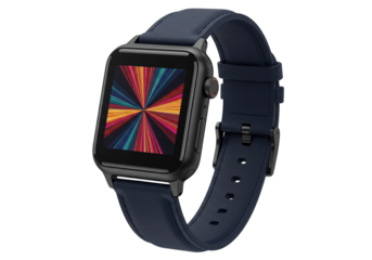 Black smartwatch with colorful screen isolated on white, wearable technology for modern lifestyle