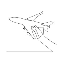 Continuous line of hand holding airplane air craft aero modeling toy miniature. Single line sketch drawing editable stroke of jet plane aero modeling remote control. Vector illustration