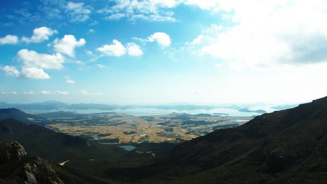 South Korea Mountain View of Rice Fields and Archipelago - 한국 산 정상에서 바라본 가을논과 다도해 풍경