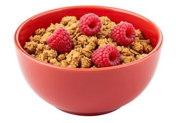 Red bowl of granola with raspberries isolated, healthy breakfast cereal with fresh fruit