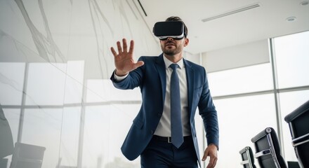 Young caucasian male exploring virtual reality with headset in modern office setting