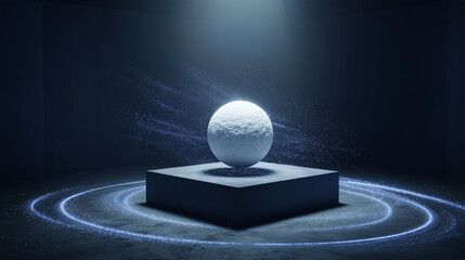 Holographic white globe spins in a midnight blue space surrounded by drifting particles