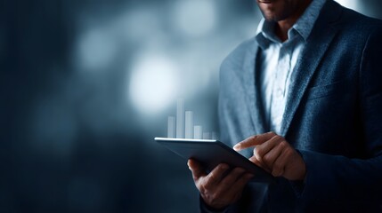 Professional businessman using a tablet displaying a financial growth chart with bokeh background