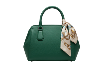 Elegant green leather handbag isolated on white, fashion accessory for women PNG