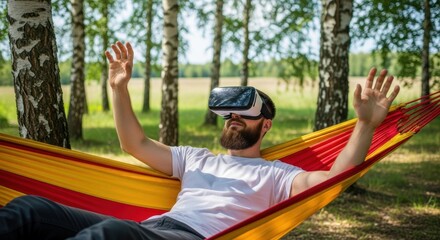 Young caucasian male relaxing in hammock with virtual reality headset in forest