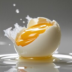 **Dynamic Perfection of a Soft-Boil**: A **perfectly shelled egg** is dramatically cracked open to showcase its **luscious, glowing golden yolk**, with a **frozen splash of liquid** emphasizing the fr
