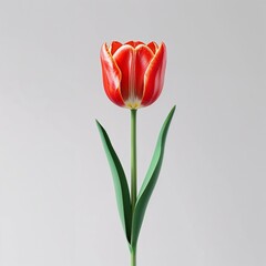 **Striking Solitude of the Spring Bloom**: A solitary, **vibrant red tulip** with distinctive **white stripes** stands gracefully on its long, green stem, embodying **simple elegance and the focused b