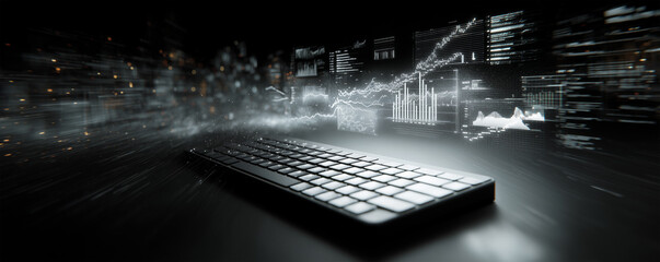 Sleek black desk features glowing white keyboard surrounded by floating translucent graphs in modern workspace setup