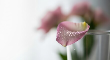 Close-up of dewy pink petal on glass with soft focus background