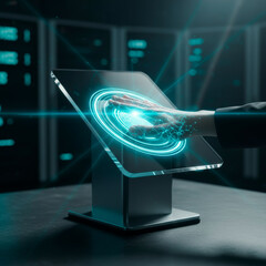 Hand touching futuristic holographic display in high-tech environment with digital effects
