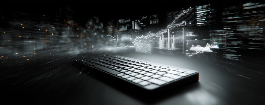 Sleek black desk features glowing white keyboard surrounded by floating translucent graphs in modern workspace setup