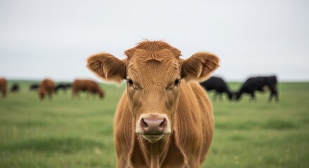 Brown cow standing in green pasture with grazing herd in background on overcast day