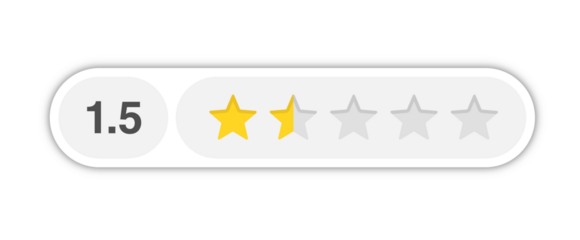 One and a half star rating bar with numeric label 1.5 in light capsule style, very low review feedback score, PNG with transparent background