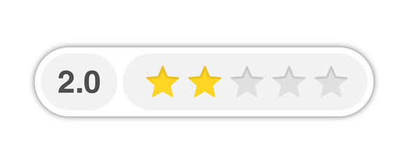Two star rating bar with numeric label 2.0 in light rounded capsule design, poor review feedback score, PNG with transparent background