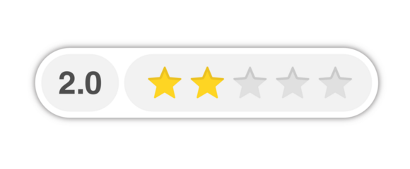 Two star rating bar with numeric label 2.0 in light rounded capsule design, poor review feedback score, PNG with transparent background
