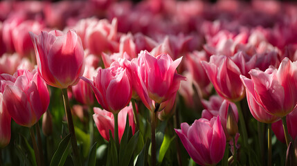 Fototapeta premium Vibrant field of pink tulips bathed in warm sunlight during springtime.