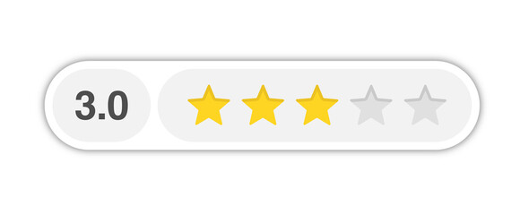 Three star rating bar with numeric label 3.0 in light capsule design, average review score for customer feedback and quality service, PNG with transparent background