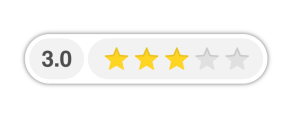 Three star rating bar with numeric label 3.0 in light capsule design, average review score for customer feedback and quality service, PNG with transparent background