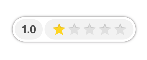 One star rating bar with numeric label 1.0 in light rounded capsule design, lowest customer review feedback score, PNG with transparent background