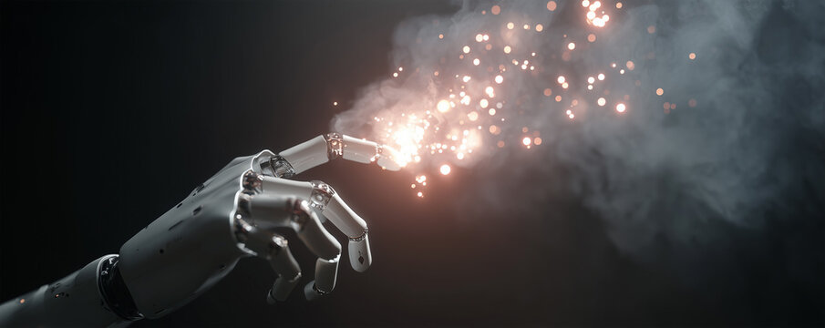 Robotic hand emerging from darkness with glowing fingertips and sparks illuminating the void - Powered by Adobe