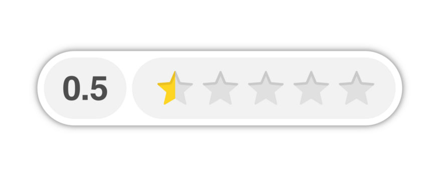 Half star rating bar with numeric label 0.5 in light capsule style, very poor review feedback score and lowest trust, PNG with transparent background