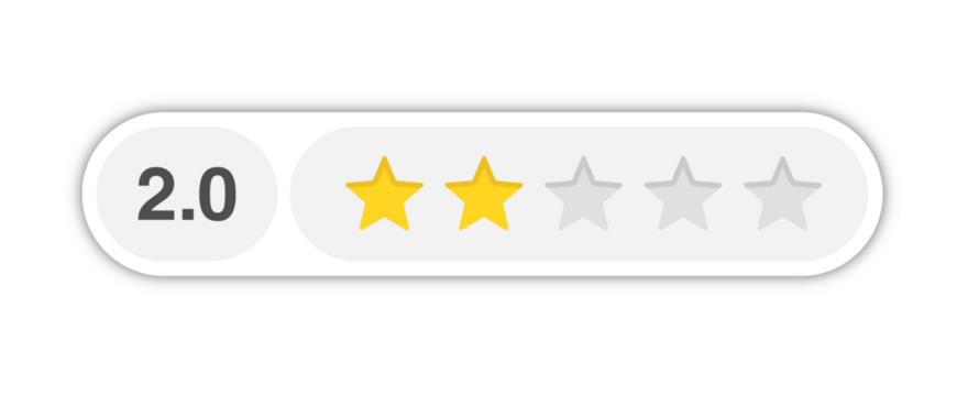 Two star rating bar with numeric label 2.0 in light rounded capsule design, poor review feedback score, PNG with transparent background
