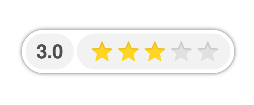 Three star rating bar with numeric label 3.0 in light capsule design, average review score for customer feedback and quality service, PNG with transparent background