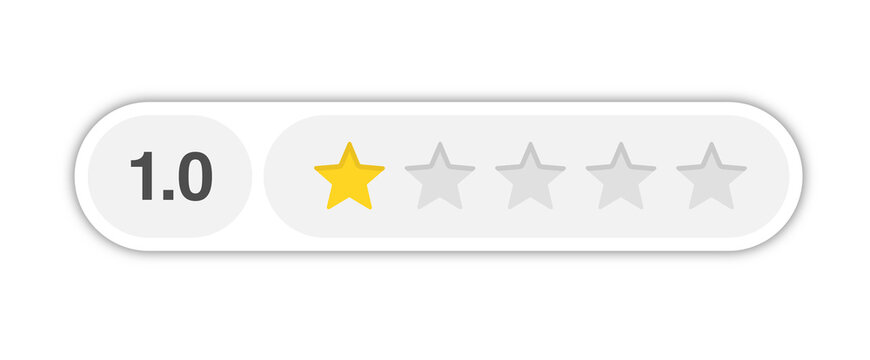 One star rating bar with numeric label 1.0 in light rounded capsule design, lowest customer review feedback score, PNG with transparent background