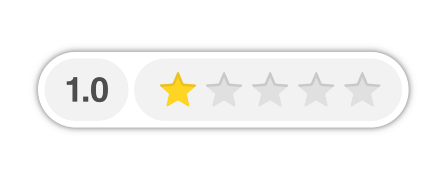 One star rating bar with numeric label 1.0 in light rounded capsule design, lowest customer review feedback score, PNG with transparent background
