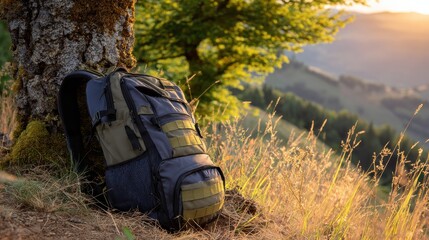 A backpack leaning against a tree in a scenic outdoor environment
