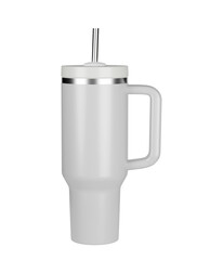 Obraz premium Travel Mug Mockup. White Stainless Steel Tumbler with Straw on a Transparent Background.