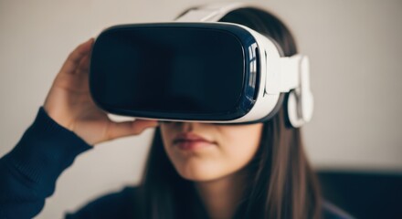 Young caucasian female experiencing virtual reality with vr headset