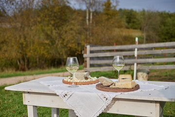 Rustic outdoor table displaying assorted cheeses and two glasses of wine on wooden platters, set against blurred countryside background with trees and wooden fence