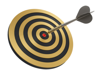 Dart hitting target isolated on white, golden and black dartboard with dart in bullseye