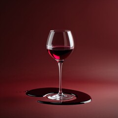 **Crimson Spiral of Elegance**: A glass of **deep ruby red wine** stands suspended against a monochromatic backdrop, its base resting in a **perfect spiral of spilled liquid**, creating a **dramatic, 