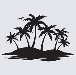 land with palm tree silhouette vector art illustration, tropical island with palm trees and sea