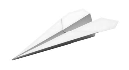 Classic white paper airplane folded from a single sheet of paper in flight isolated on transparent background