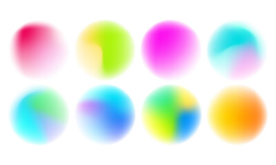 Set color circle gradient noise gradation. Abstract colorful watercolor blur mesh shape on white background. Gradient aura, grain neon blob with noise effect vector illustration.