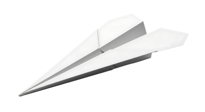 Classic white paper airplane folded from a single sheet of paper in flight isolated on transparent background