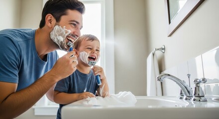 Caucasian father and son shaving together in bathroom