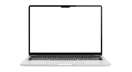 Modern silver laptop computer with a blank white screen and keyboard isolated on transparent background