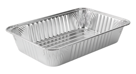 Shiny metallic rectangular aluminum foil baking pan with fluted sides isolated on transparent background
