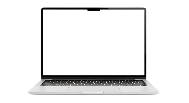 Modern silver laptop computer with a blank white screen and keyboard isolated on transparent background