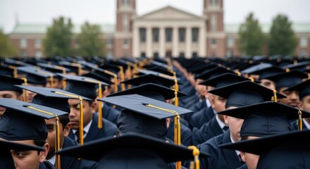 Diverse young adults in graduation ceremony with academic caps and gowns in front of university building