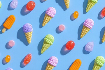 Scattered arrangement of colorful ice cream cones, popsicles, and candies on a light blue surface