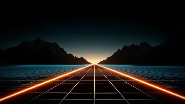 Retro grid road extends toward a distant sunset flanked by silhouetted mountains